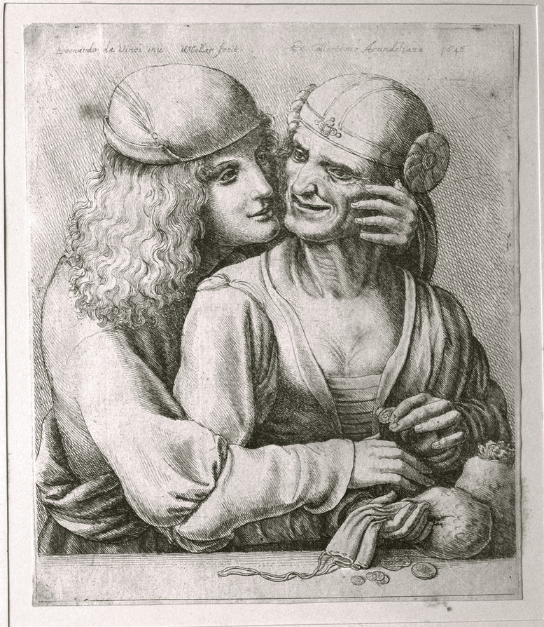 Wenceslaus Hollar, Coppia mal assortita (1646; acquaforte, 150 x 129 mm l'incisione, 170 x 131 mm l'impronta, 154 x 132 mm il foglio; Lamporecchio, Fondazione Rossana & Carlo Pedretti, FRCP_S_H.031). Iscrizioni: In alto a sinistra: « Leonardo da Vinci inv: WHollar fecit ». In alto a destra: « Ex Collectione Arundelliana 1646 ». P1604
