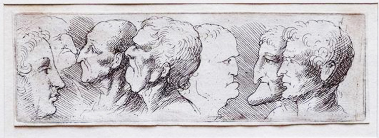 Wenceslaus Hollar, Sette teste (XVII secolo; acquaforte, 29 x 95 mm l'incisione, 31 x 97 mm l'impronta, 32 x 98 mm il foglio; Lamporecchio, Fondazione Rossana & Carlo Pedretti, FRCP_S_H.016). P1748 
