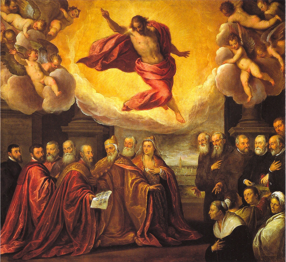 Palma il Giovane, Cristo in gloria benedicente, il doge Renier Zen, la dogaressa e i procuratori di san Marco, alcuni padri Crociferi e donne dell'ospizio (1585; olio su tela, 390 x 350 cm; Venezia, Oratorio dei Crociferi)
