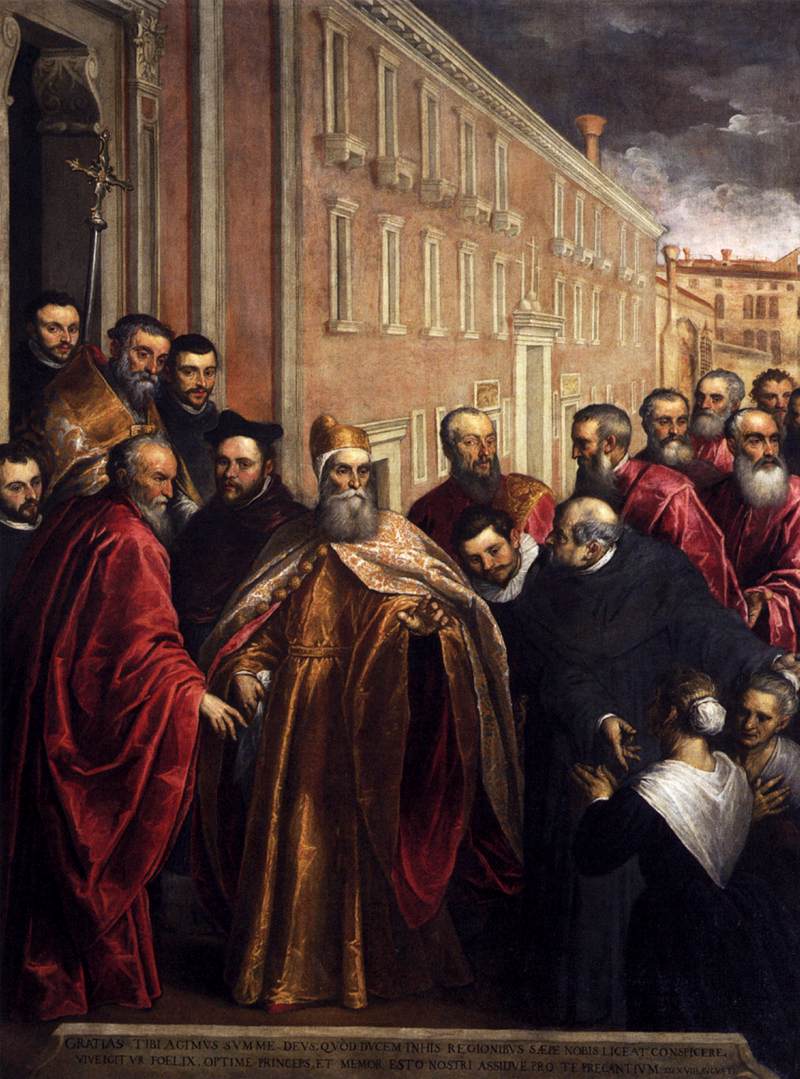 Palma il Giovane, Pasquale Cicogna in vesti dogali visita la chiesa e l'ospedale dei Crociferi (1586-1587; olio su tela, 369 x 262 cm; Venezia, Oratorio dei Crociferi)
