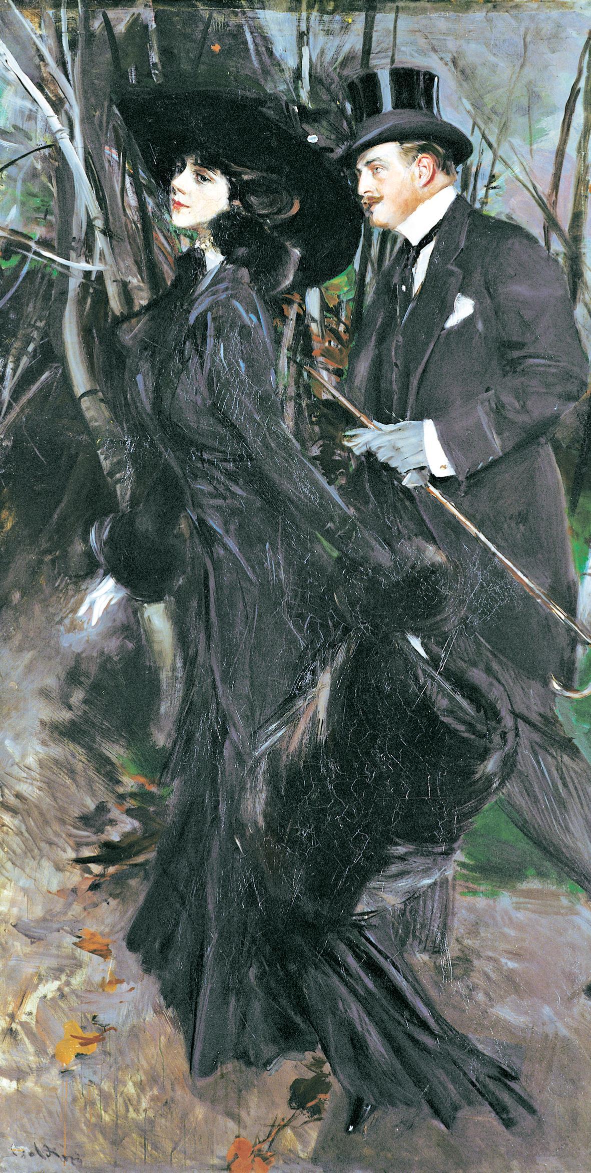Giovanni Boldini, La passeggiata al Bois de Boulogne (1909; olio su tela, 228 x 118 cm; Ferrara, Museo Giovanni Boldini)
