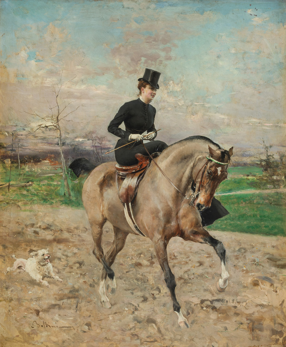 Giovanni Boldini, L'amazzone o Alice Regnault a cavallo (1879-1880 circa; olio su tavola, 69 x 59 cm; Milano, Galleria d'Arte Moderna)
