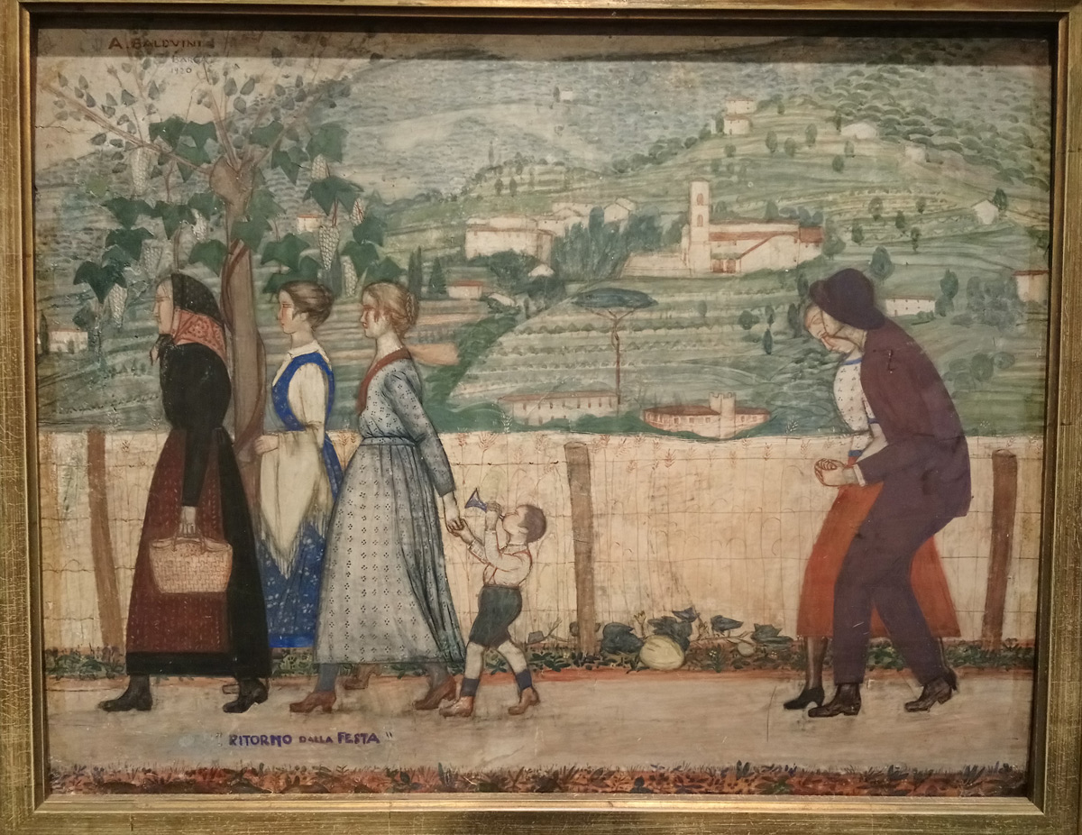Adolfo Balduini, Il ritorno dalla festa (1920; tempera su cartoncino preparato a gesso, 46 x 59 cm; Collezione privata)
