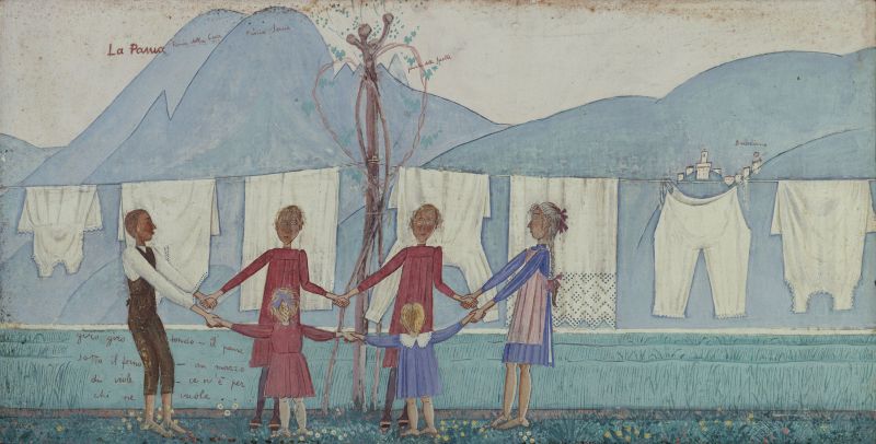 Alberto Magri, Il bucato, dettaglio (1913; trittico: tempera, matita su tavola, 46 x 63, 46 x 90, 46 x 63 cm; Collezione privata)
