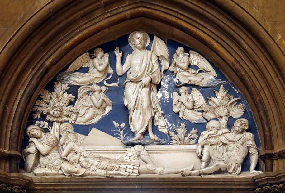 Luca della Robbia, Resurrezione di Cristo (1442-45; terracotta invetriata, 200 x 260 cm; Firenze, Santa Maria del Fiore)
