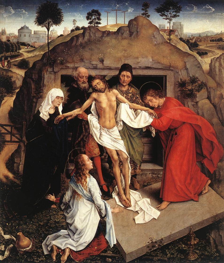 Rogier van der Weyden, Deposizione di Cristo nel sepolcro (1450 circa; olio su tavola, 96 x 110 cm; Firenze, Gallerie degli Uffizi)
