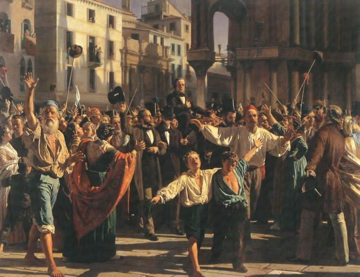 Napoleone Nani, Daniele Manin e Niccolò Tommaseo liberati dal carcere e portati in trionfo in piazza San Marco (1876; olio su tela, 252 x 357 cm; Venezia, Fondazione Querini Stampalia)
