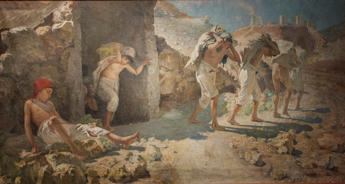 Onofrio Tomaselli, I carusi (1905 circa; olio su tela, 184 x 333,5 cm; Palermo, Galleria d'Arte Moderna Empedocle Restivo)
