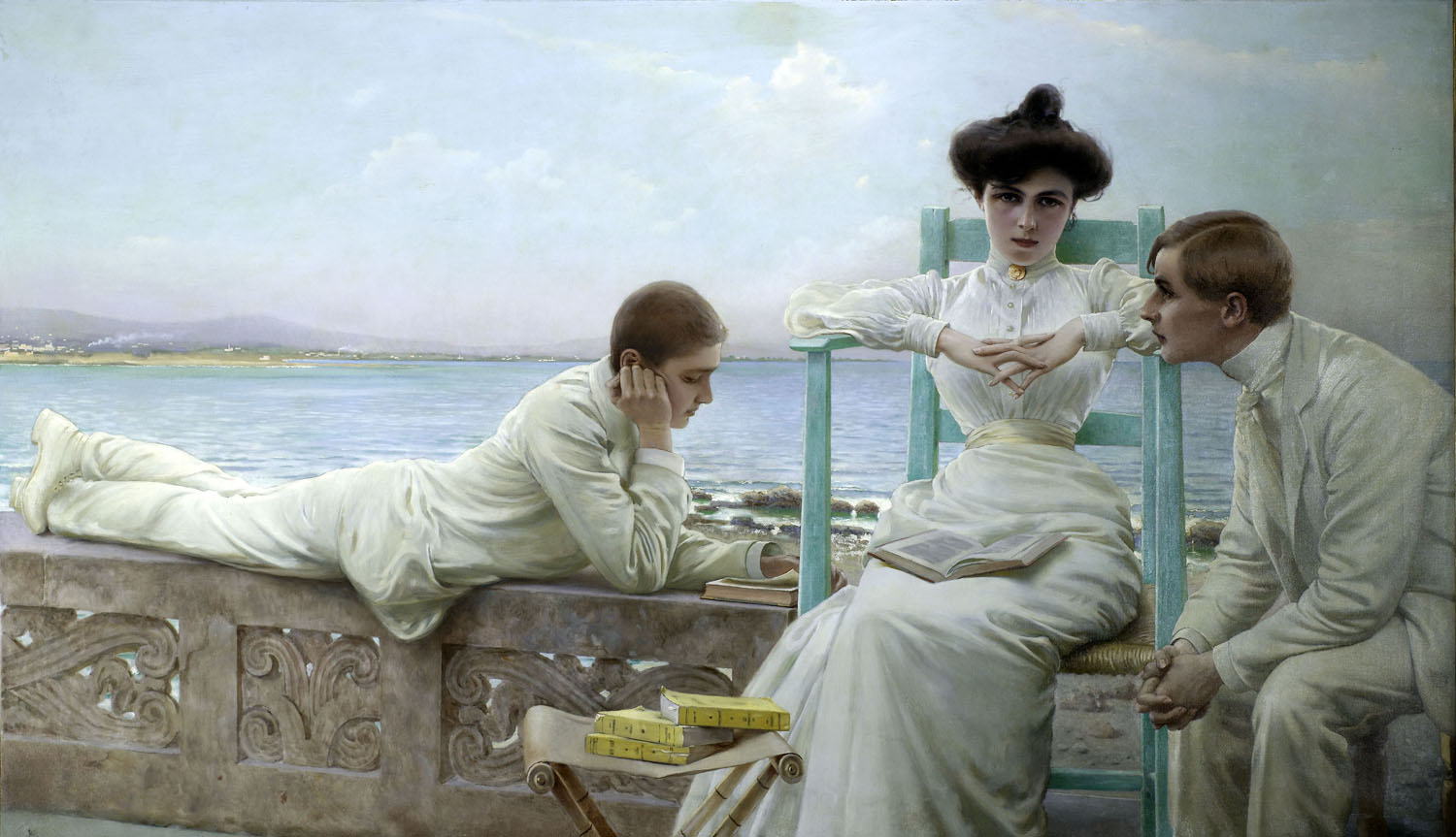 Vittorio Matteo Corcos, In lettura sul mare (1910 circa; olio su tela, 130 x 228 cm; Collezione privata)
