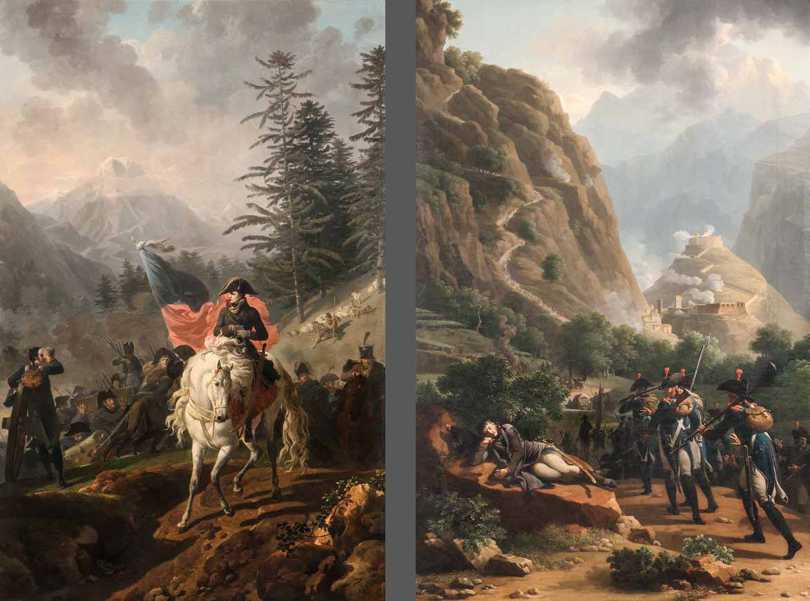Nicolas-Antoine Taunay e Jean-Joseph-Xavier Bidauld, Il generale Bonaparte attraversa le Alpi e Attacco al forte di Bard (entrambi 1801; olio su tela, 183 x 120 cm; Milano, Soprintendenza Archeologia, Belle Arti e Paesaggio per la Città Metropolitana di Milano, in deposito al Museo del Risorgimento)

