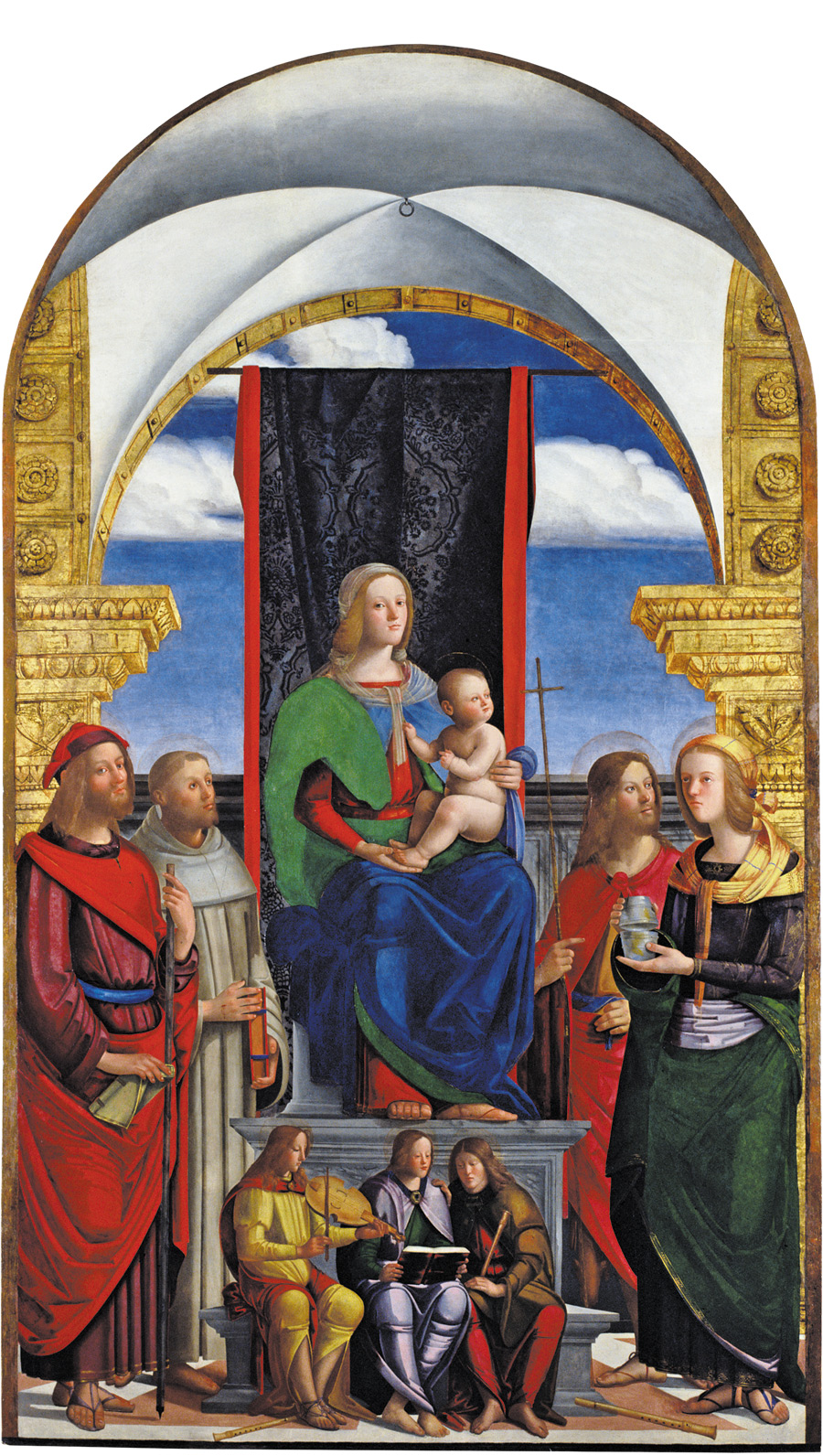 Johannes Hispanus, Madonna in trono con il Bambino tra i Santi Giacomo, Francesco, Giovanni Battista, la Maddalena e tre angeli musicanti, Viadana, chiesa di Santa Maria e San Cristoforo in Castello
