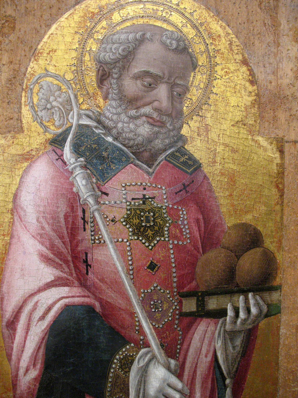 Bartolomeo Vivarini, San Nicola, particolare di polittico (1490 circa; Bari, Pinacoteca Â‘Corrado GiaquintoÂ’; giÃ  Altamura, chiesa di Santa Maria delle Grazie)
