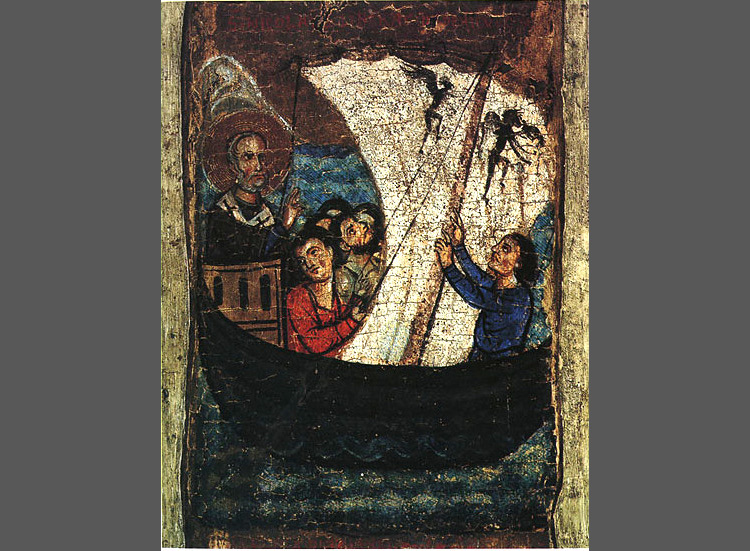 Icona agiografica di San Nicola e storie della sua vita, Praxis de nautis (seconda metÃ  XIII secolo; Bari, Pinacoteca Â‘Corrado GiaquintoÂ’; giÃ  Bisceglie, chiesa di Santa Margherita)
