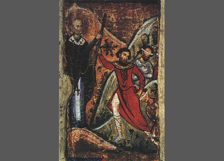 Icona agiografica di San Nicola e storie della sua vita, Salvataggio di tre soldati ingiustamente condannati a morte (seconda metÃ  XIII secolo; Bari, Pinacoteca Â‘Corrado GiaquintoÂ’; giÃ  Bisceglie, chiesa di Santa Margherita)
