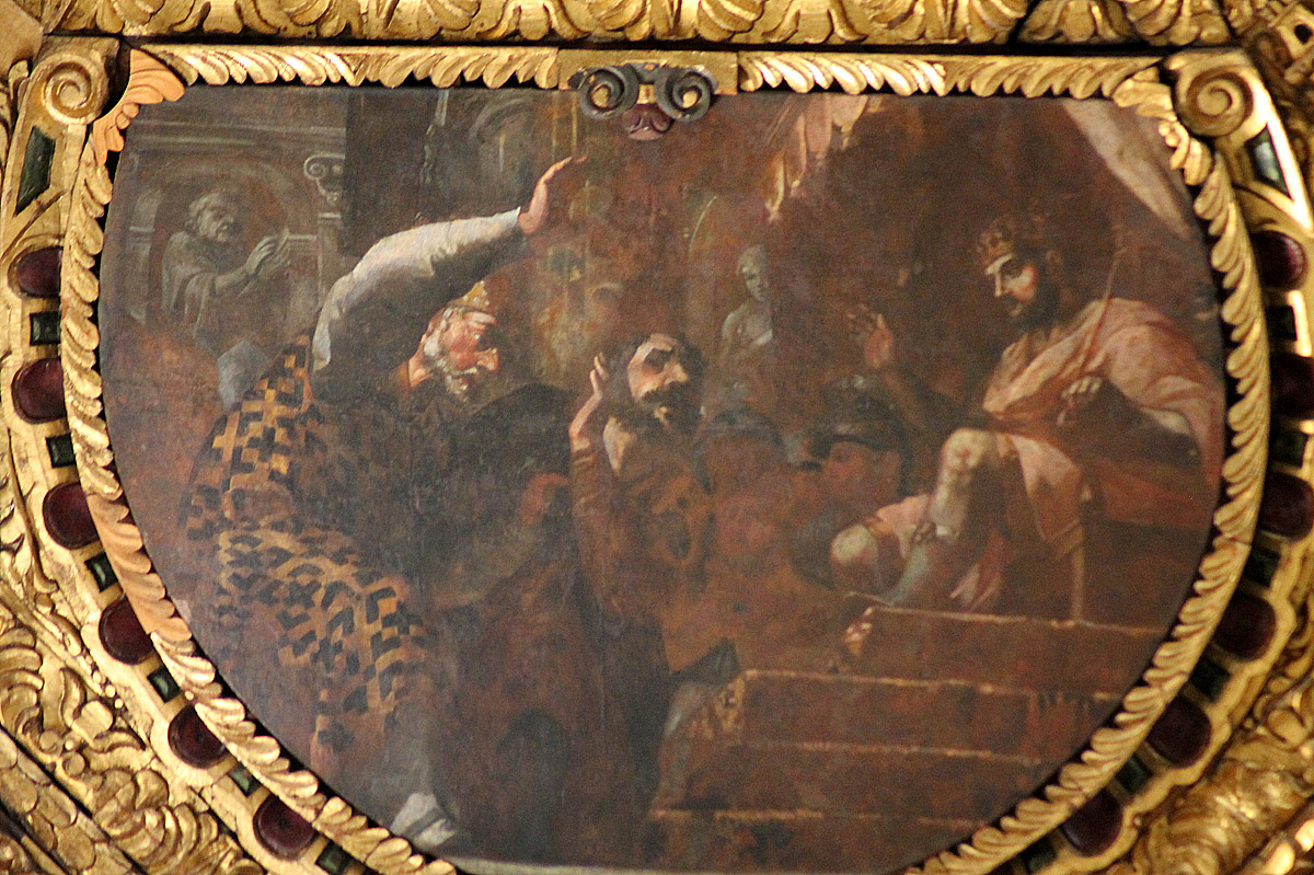 Carlo Rosa, san Nicola schiaffeggia Ario (1661-1668; Bari, basilica di San Nicola, soffitto)
