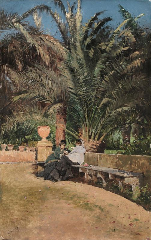 Giuseppe De Nittis, Conversazione in giardino (s.d.; olio su tela, 51 x 31,5 cm; Collezione privata)
