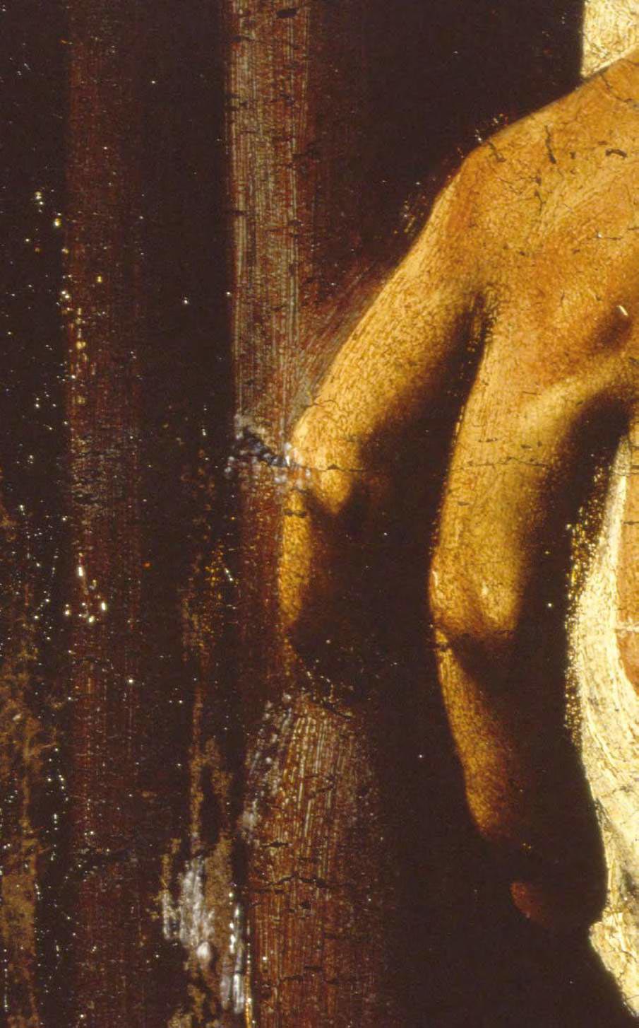 Dettaglio del dipinto
con la mano sinistra del Cristo in cui sono visibili l'uso della preparazione a vista che riaffiora, l'uso di abbozzi a pennello, aggiustamenti posteriori Dettaglio del dipinto
con la mano sinistra del Cristo in cui sono visibili l'uso della preparazione a vista che riaffiora, l'uso di abbozzi a pennello, aggiustamenti posteriori