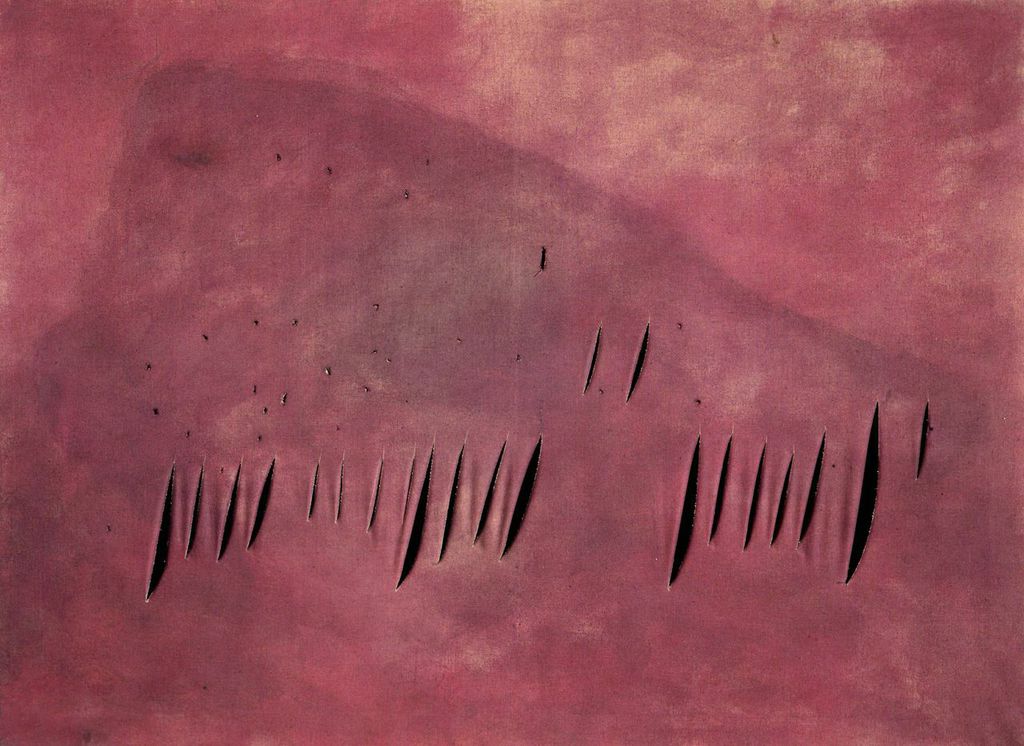 Lucio Fontana, Concetto spaziale. Attese (1959; aniline, tagli e buchi su tela, 97 x 130 cm; Milano, Fondazione Lucio Fontana), cat. 59 T 1
 
