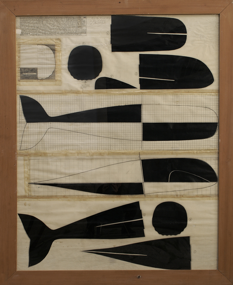 Pino Pascali, Progetto di Balena (1966). Il progetto autografo rappresenta le fasi dettagliate di realizzazione con la tecnica della tela centinata di una delle sue grandi Â“finte scultureÂ”. 
 