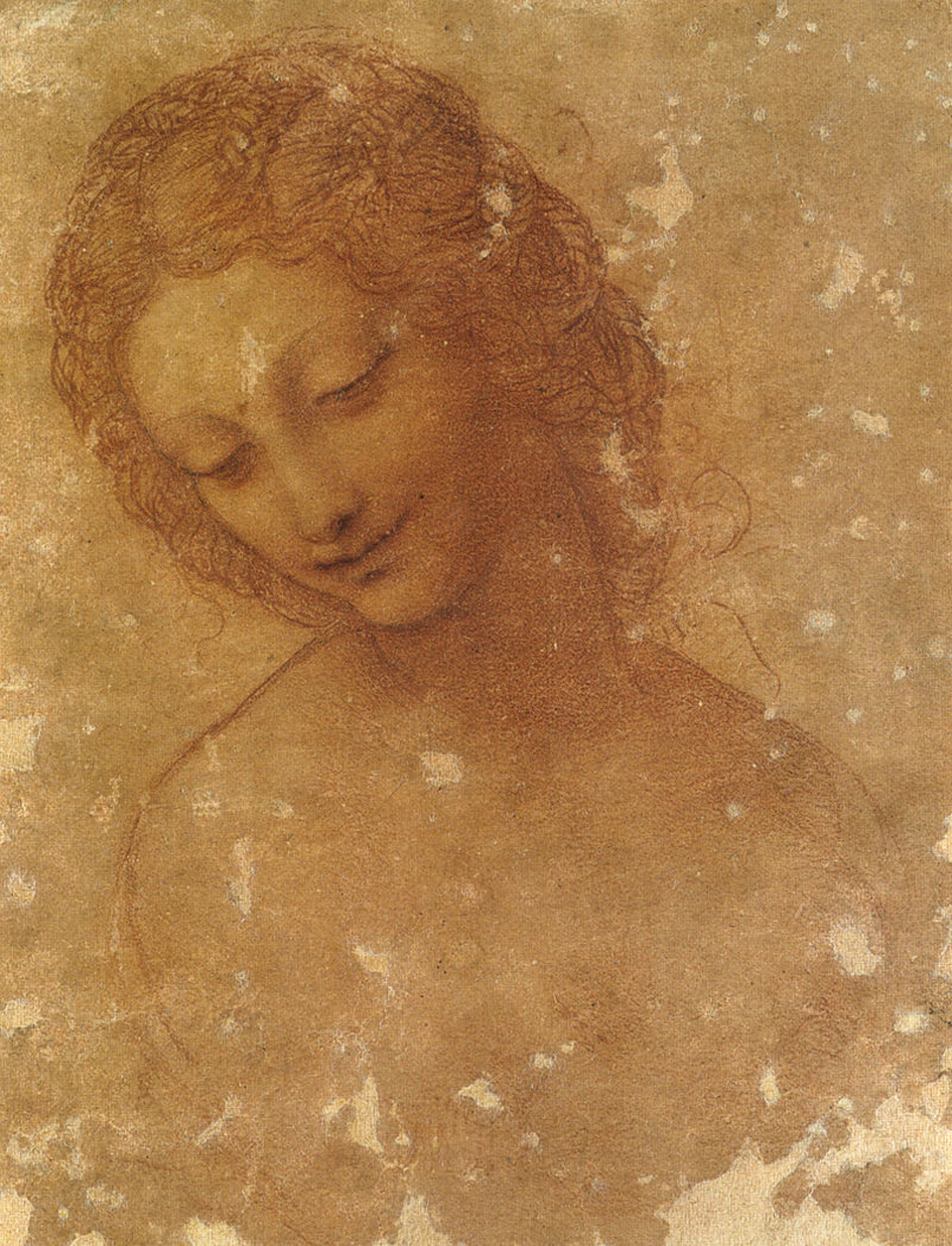 Leonardo da Vinci (con riprese successive?), Studio per la testa di Leda (1504-1506 circa; pietra naturale su carta preparata rosso-rosata, 200 x 157 mm; Milano, Castello Sforzesco, Civico Gabinetto dei Disegni)
 