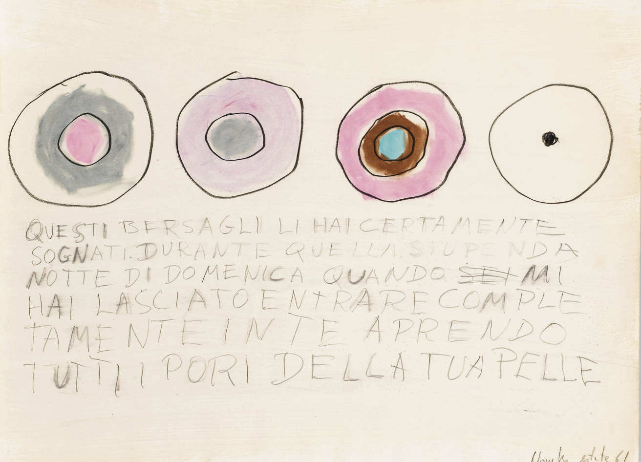 Gastone Novelli, Questi bersagli... (1961; pastello, matita e vinavil su carta, 49,5 x 67,5 cm; Collezione privata)
 Gastone Novelli, Questi bersagli... (1961; pastello, matita e vinavil su carta, 49,5 x 67,5 cm; Collezione privata)