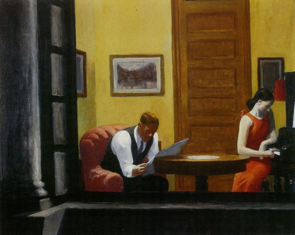Edward Hopper, Room in New York (1926-1932; olio su tela, 73,5 x 91,5 cm; Lincoln, Shaldon Museum of Art, University of Nebraska)
