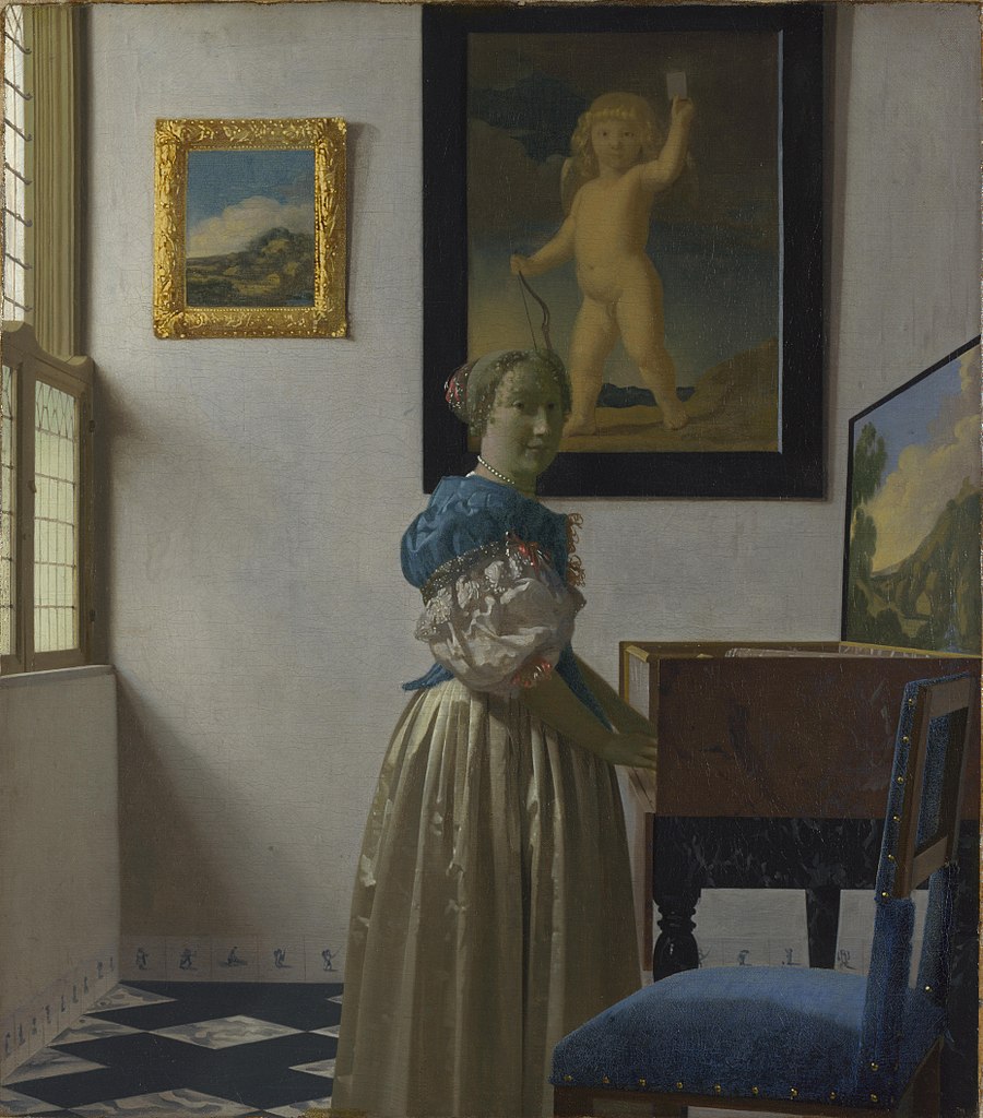 Jan Vermeer, Donna in piedi alla spinetta (1672; olio su tela, 51,8 x 45,2 cm; Londra, National Gallery)
