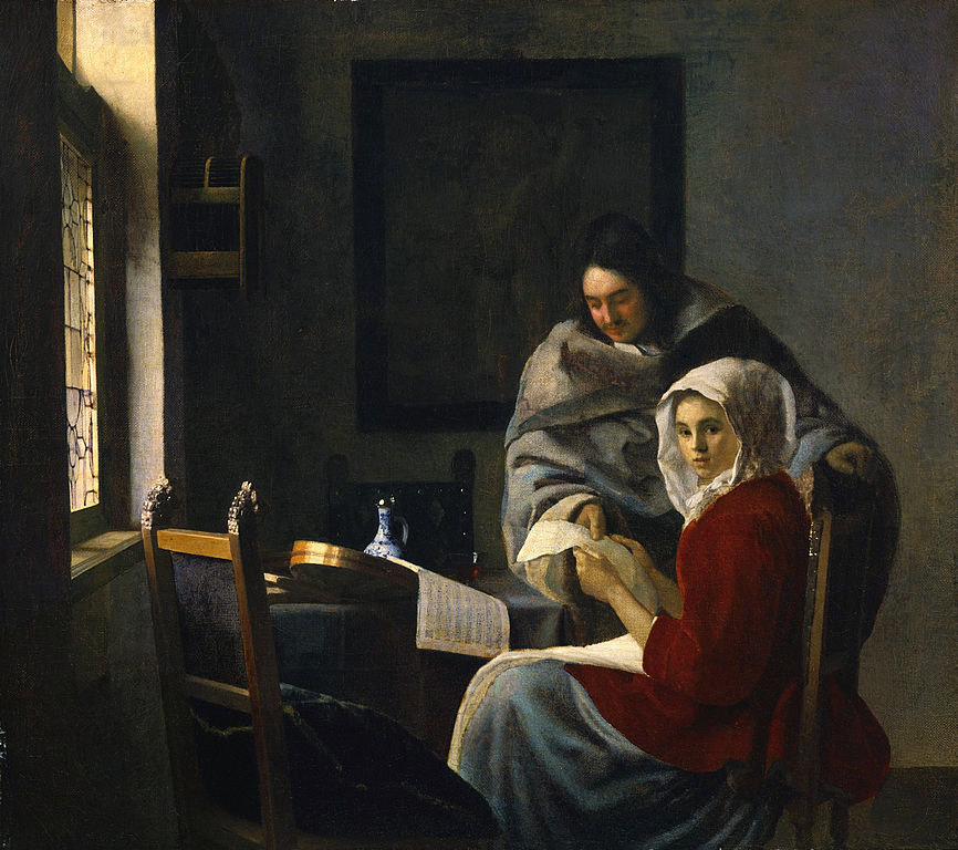 Jan Vermeer, Ragazza interrotta durante la lezione di musica (1660 circa; olio su tela, 39,3 x 44,4 cm; New York, Frick Collection)
