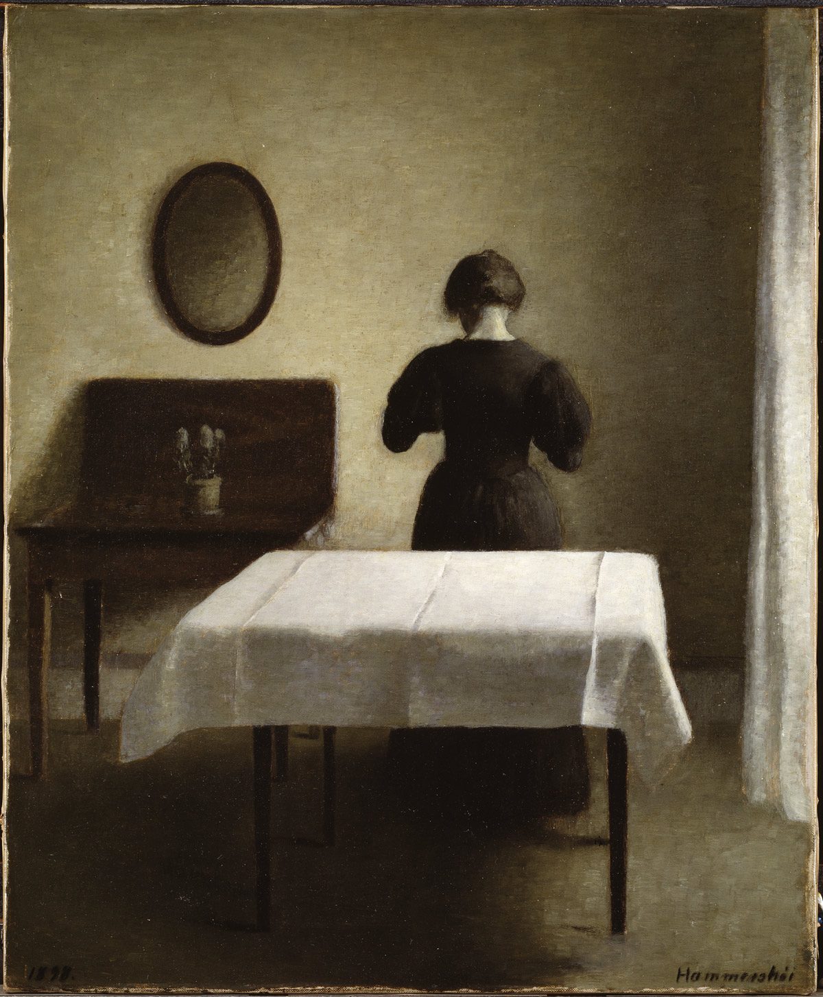 Vilhelm Hammershøi, Interno con donna di spalle (1898; olio su tela, 51,5 x 46 cm; Stoccolma, Nationalmuseum)
