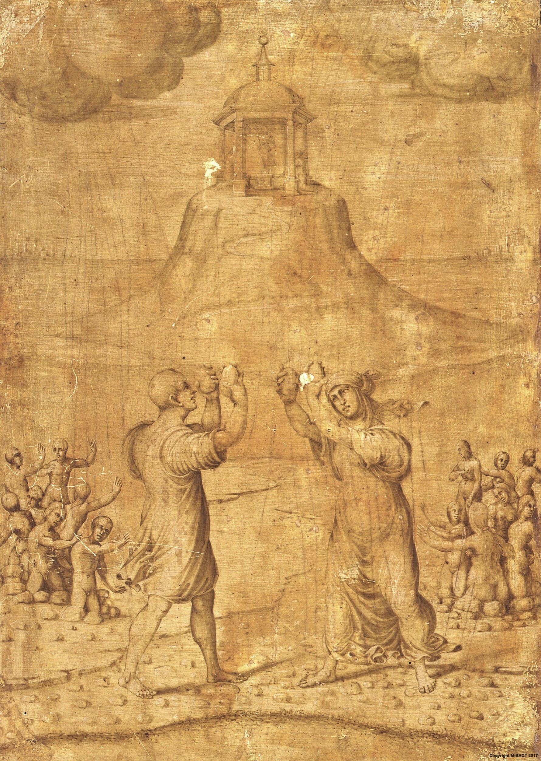 Maestro di Serumido (attribuito), Deucalione e Pirra ripopolano la terra, recto del ritratto di Maddalena Strozzi
