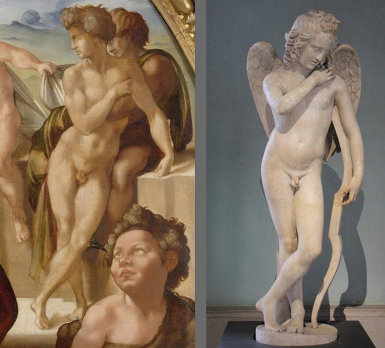 A sinistra: il quarto nudo del Tondo Doni. A destra: Arte romana, Amore con arco (metà del II secolo d.C.; marmo; Firenze, Galleria degli Uffizi)
