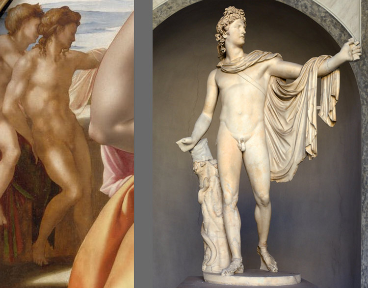 A sinistra: il secondo nudo del Tondo Doni. A destra: Arte romana, Apollo del Belvedere (350 a.C. circa; marmo bianco, altezza 224 cm; Città del Vaticano, Musei Vaticani)
