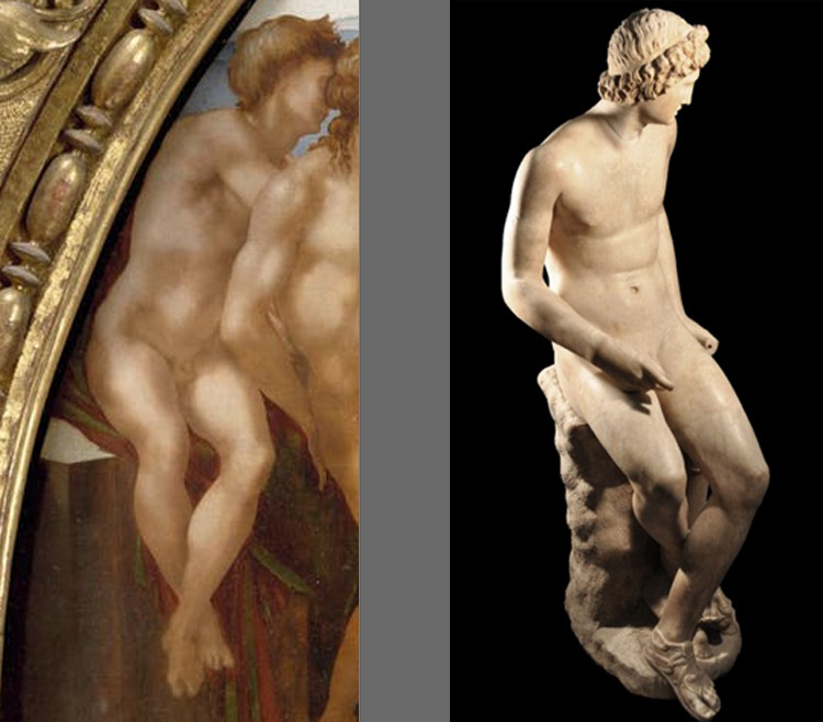 A sinistra: il primo nudo del Tondo Doni. A destra: Arte romana, Apollo seduto (I secolo d.C.; marmo; Firenze, Galleria degli Uffizi)
