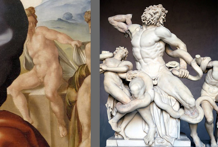A sinistra: il terzo nudo del Tondo Doni. A destra: Arte romana, Laocoonte (I secolo a.C. - I secolo d.C.; marmo bianco, altezza 242 cm; Città del Vaticano, Musei Vaticani)
