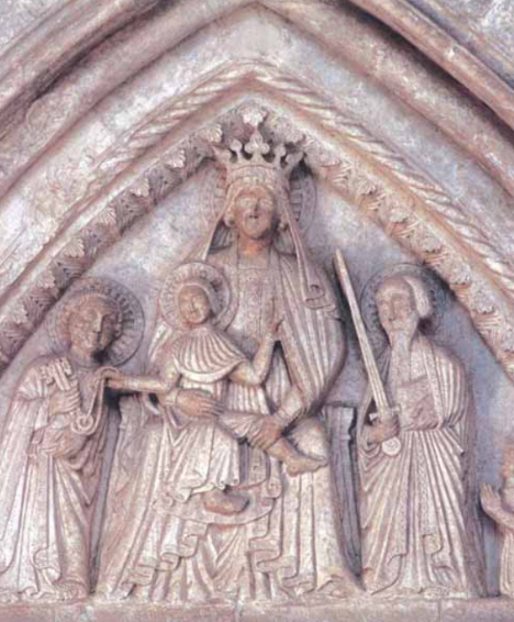 Maestro Simeone, Maria Vergine e il divino infante, tra i santi Pietro e Paolo e la principessa Margherita (1395; marmo; Monte Sant'Angelo, Santuario di San Michele)
