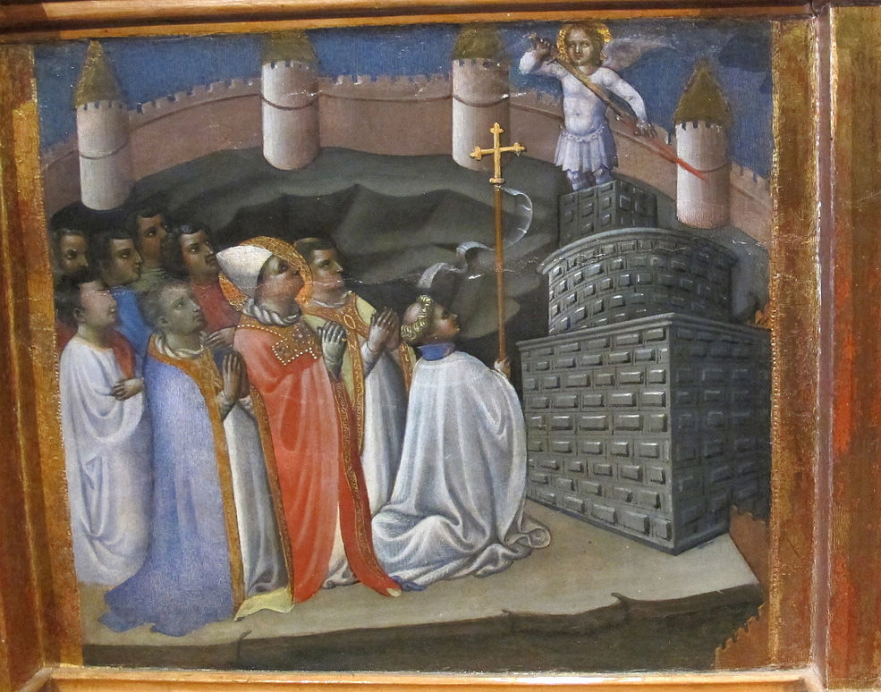 Priamo della Quercia, Apparizione di san Michele sul Gargano (predella del trittico-tabernacolo di Brancoli, 1430 circa; tempera su tavola; Lucca, Museo Nazionale di Villa Guinigi) 
