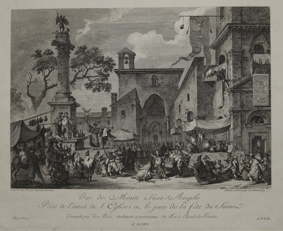 Richard de Saint-Non, Vue de Monte Sant-Angelo. Prise de l’entrée de l’Eglise et le jour de la fete du Saint (1781-1786; acquaforte in rame, 200 x 260 mm; Varie sedi)
