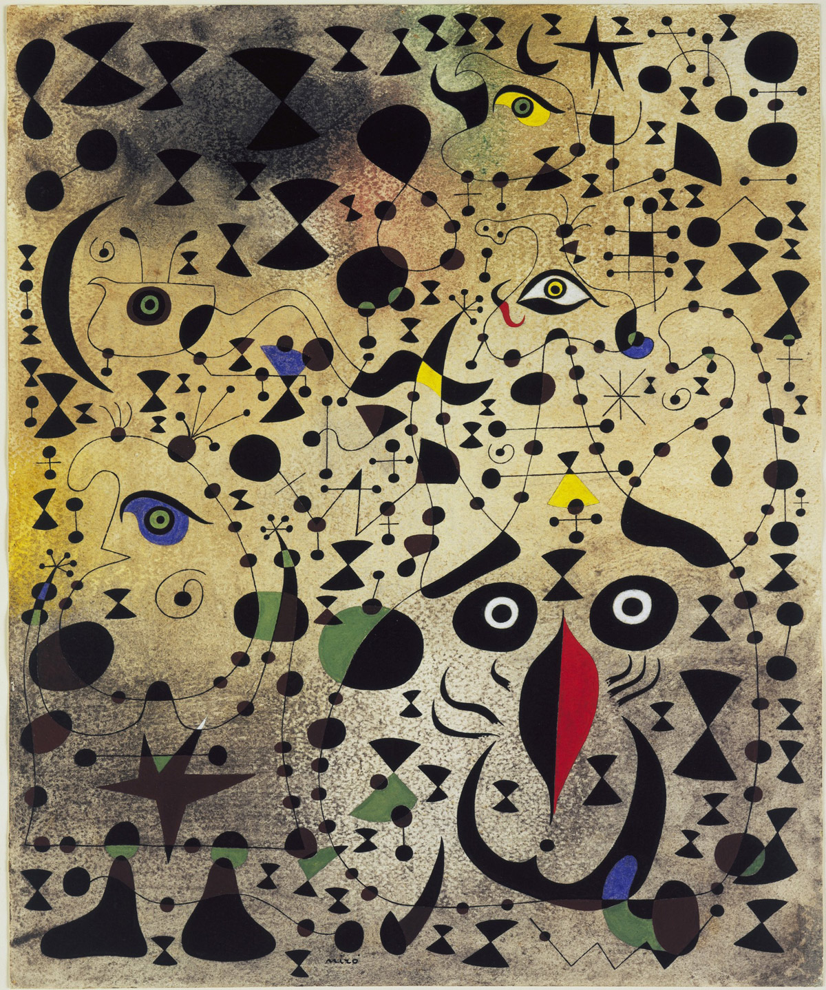 Joan Miró, Il bell'uccello rivela l'ignoto a una coppia di innamorati, dalla serie Costellazioni (1941; gouache, olio e carboncino su carta, 45,7 x 38,1 cm; New York, MoMA - Museum of Modern Art)
