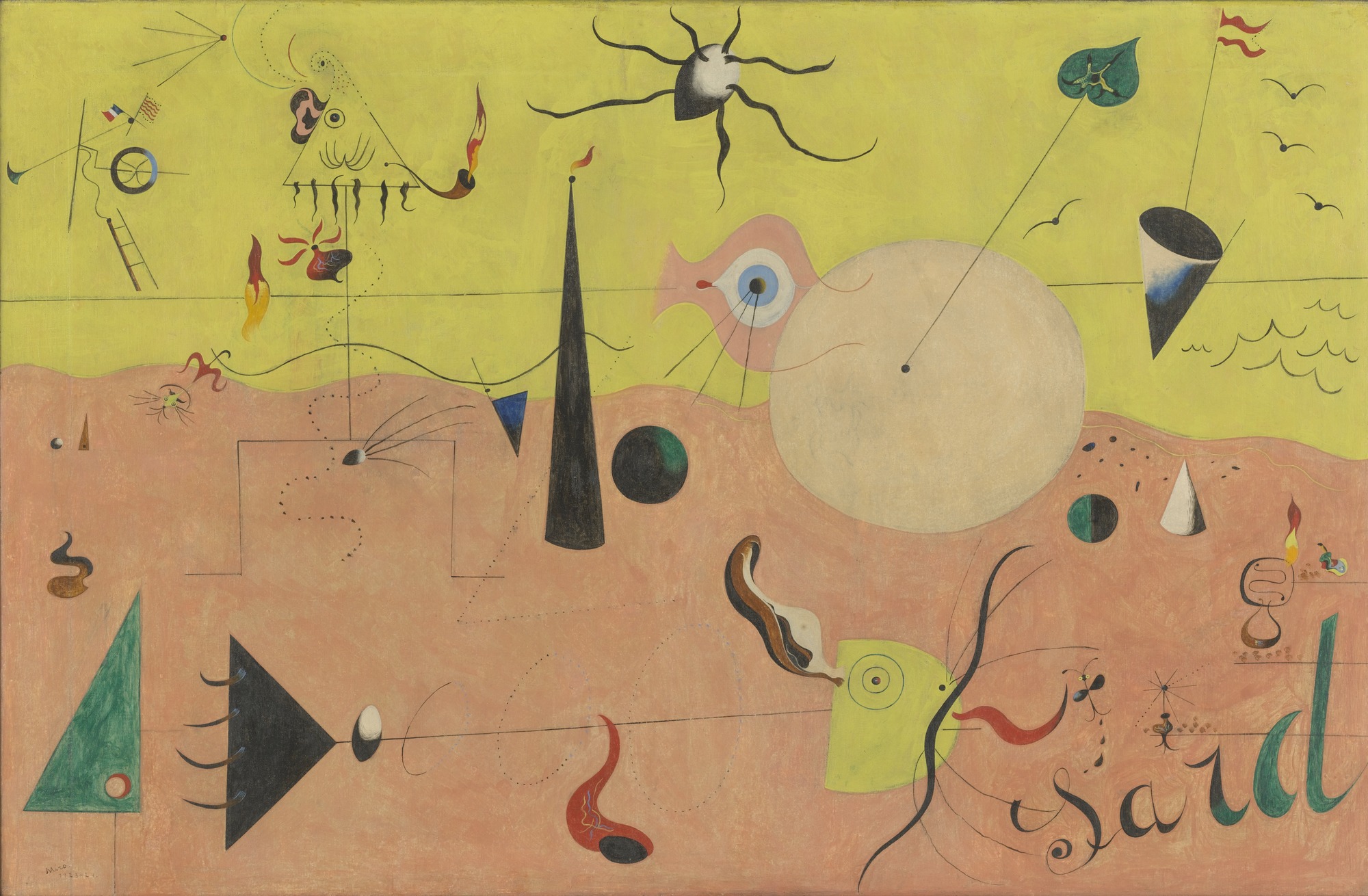 Joan Miró, Cacciatore (paesaggio catalano) (1924; olio su tela, 64,8 x 100,3 cm; New York, MoMA - Museum of Modern Art)
