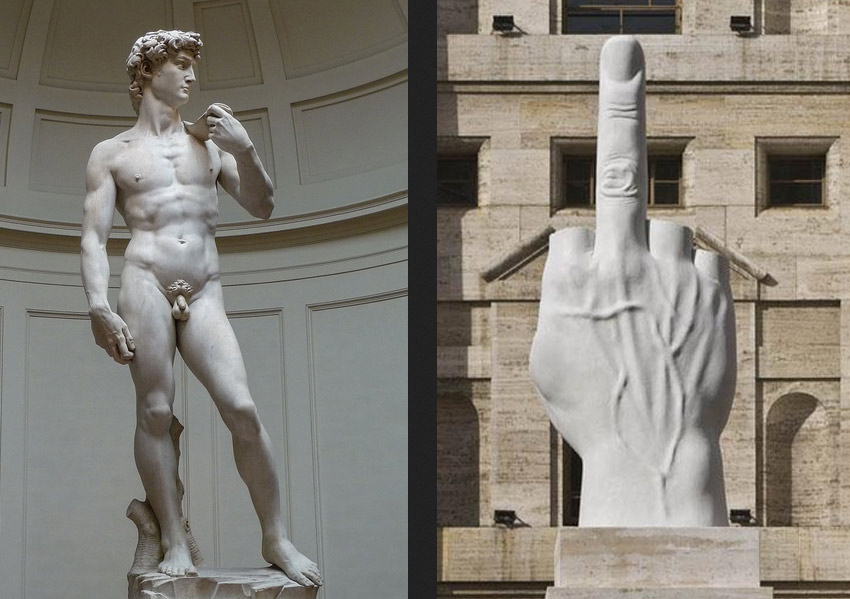 Il David di Michelangelo Buonarroti e L.O.V.E. di Maurizio Cattelan, due opere di due grandi artisti contemporanei nelle loro epoche, interamente prodotte in Toscana