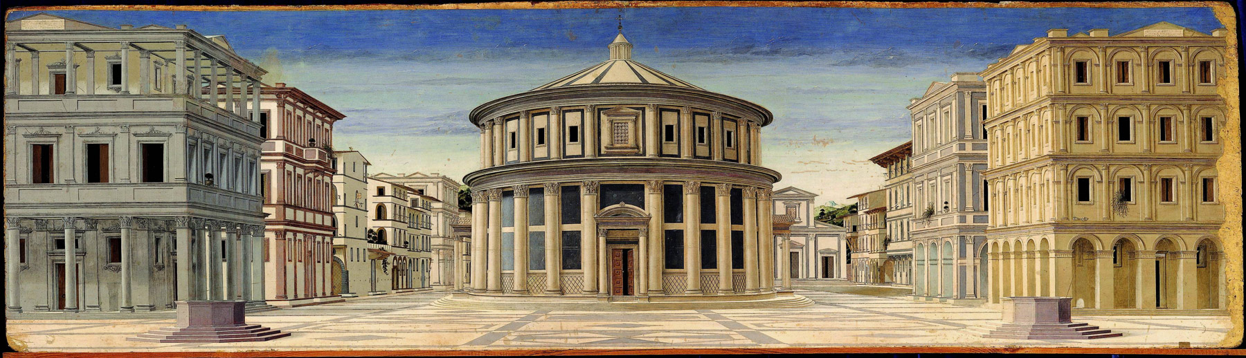 Pittore dell’Italia centrale, Città ideale (1480-1490 ?; olio e tempera su tavola, cm 67,7 x 239,4; Urbino, Galleria Nazionale delle Marche-Palazzo Ducale)
