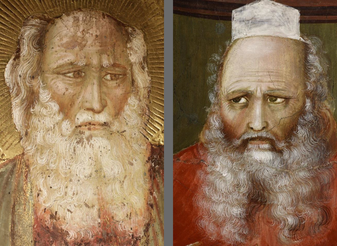 A sinistra: Giotto, Glorificazione della Vergine, particolare del profeta Isaia. A destra: Giotto, Preghiera delle verghe, part. (1303-1305; Padova, Cappella degli Scrovegni all’Arena)
 A sinistra: Giotto, Glorificazione della Vergine, particolare del profeta Isaia. A destra: Giotto, Preghiera delle verghe, part. (1303-1305; Padova, Cappella degli Scrovegni all’Arena)