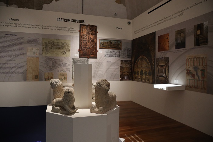 Sezione della mostra con le due coppie di leoni marmorei al centro
