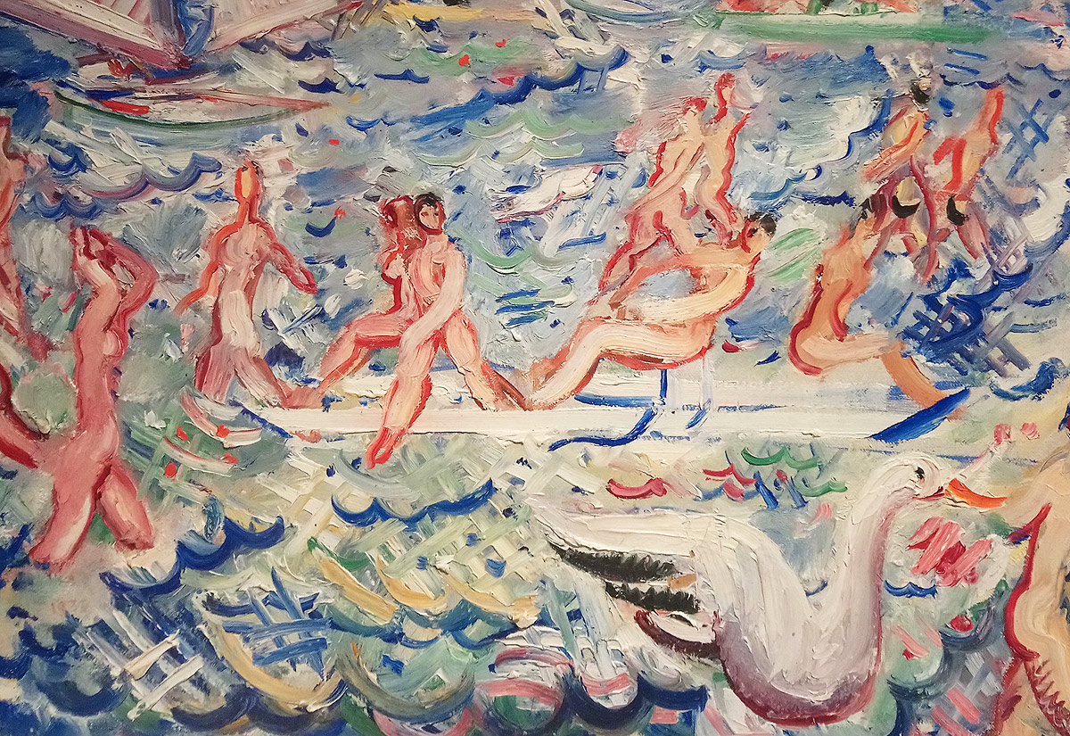 Moses Levy, Bagnanti con cigni, dettaglio (1933; olio su cartone, 38 x 46 cm; Viareggio, Collezione privata)
