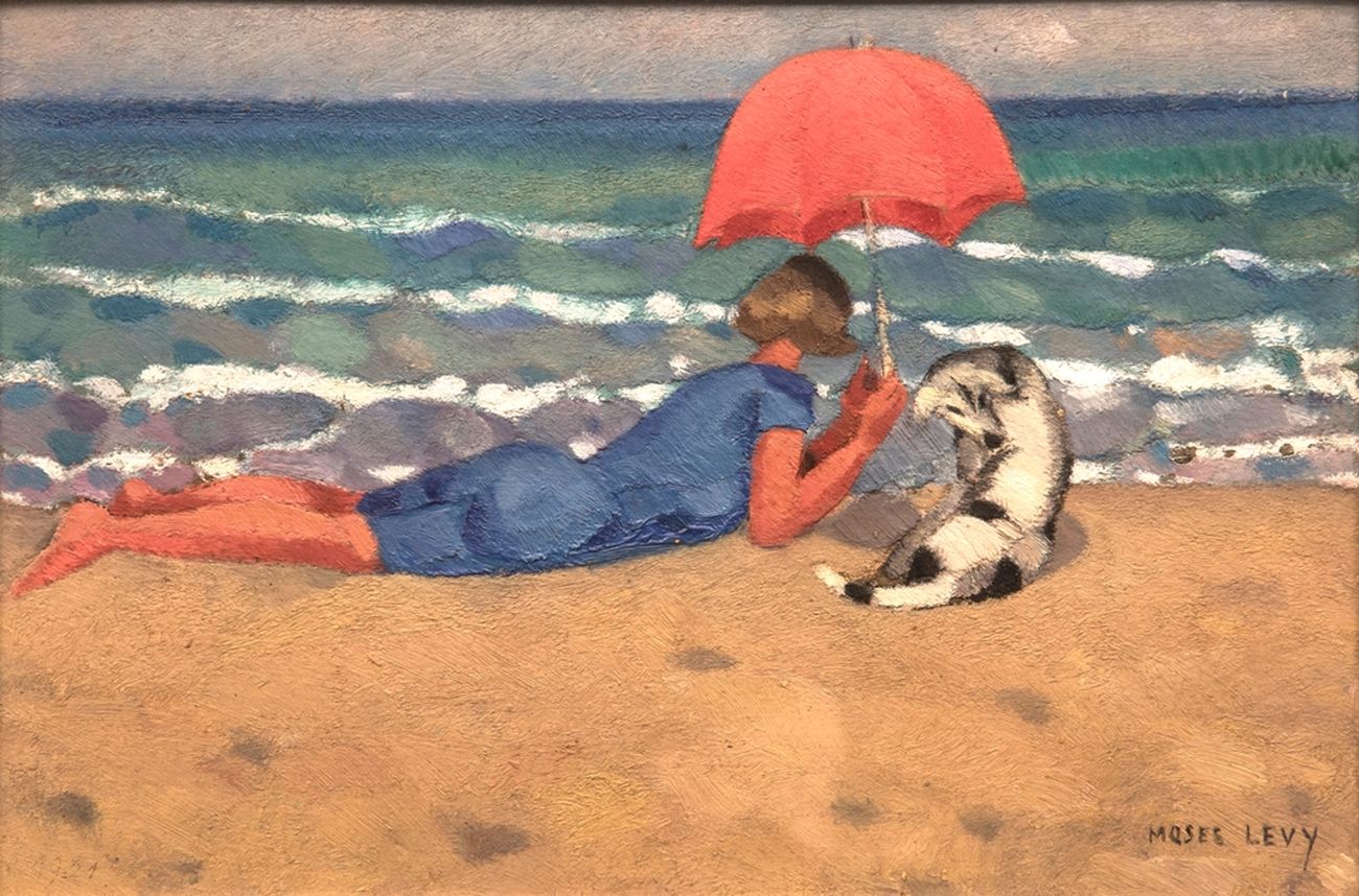 Moses Levy, Donna con ombrellino e cane sulla spiaggia (1921; olio su cartone, 21 x 31,5 cm; Collezione privata)
