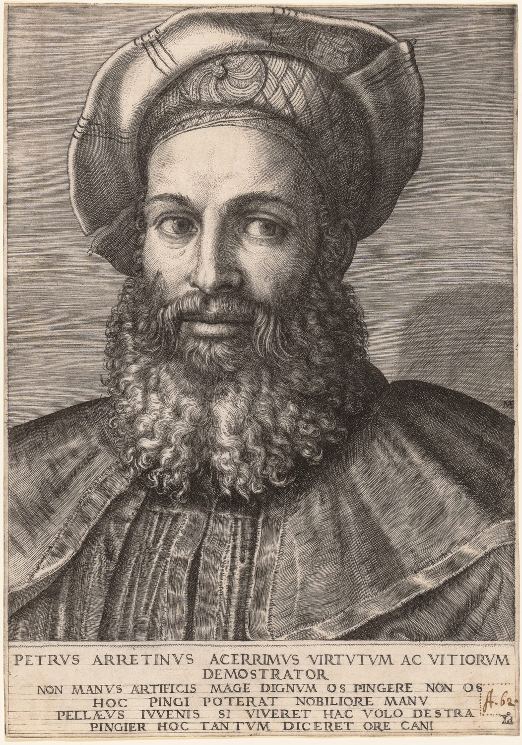 Marcantonio Raimondi, Ritratto di Pietro Aretino, da Tiziano (1517-1520 circa; incisione, 21,3 x 15 cm; New York, Metropolitan Museum)
