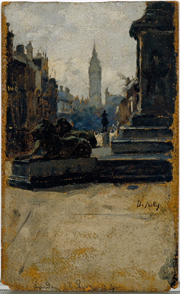 Giuseppe De Nittis, Veduta di Trafalgar Square a Londra (1876-1878 circa; olio su tela, 21 x 12,5 cm; Bitonto, Galleria Nazionale della Puglia Girolamo e Rosaria Devanna)
