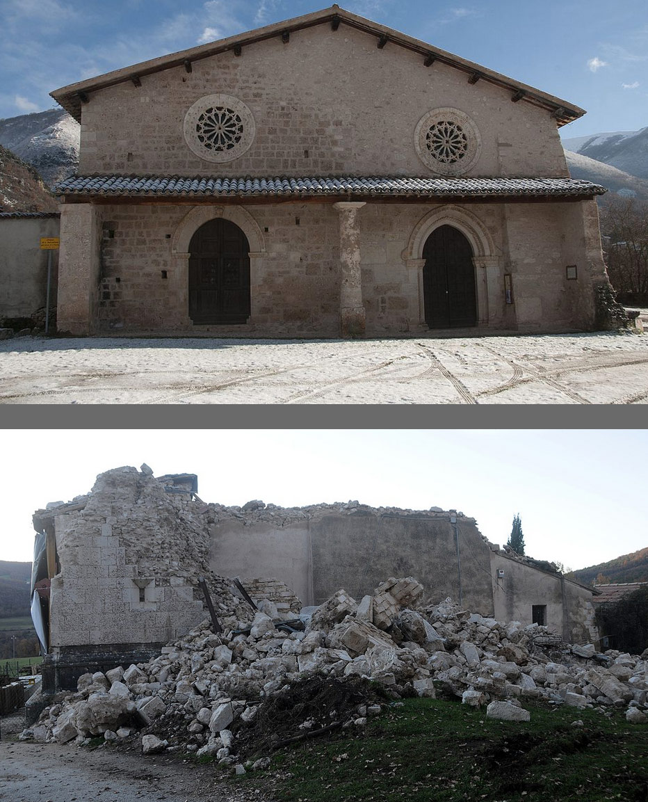 La chiesa di San Salvatore a Campi prima e dopo il sisma. Ph. Credit Silvio Sorcini
 La chiesa di San Salvatore a Campi prima e dopo il sisma. Ph. Credit Silvio Sorcini