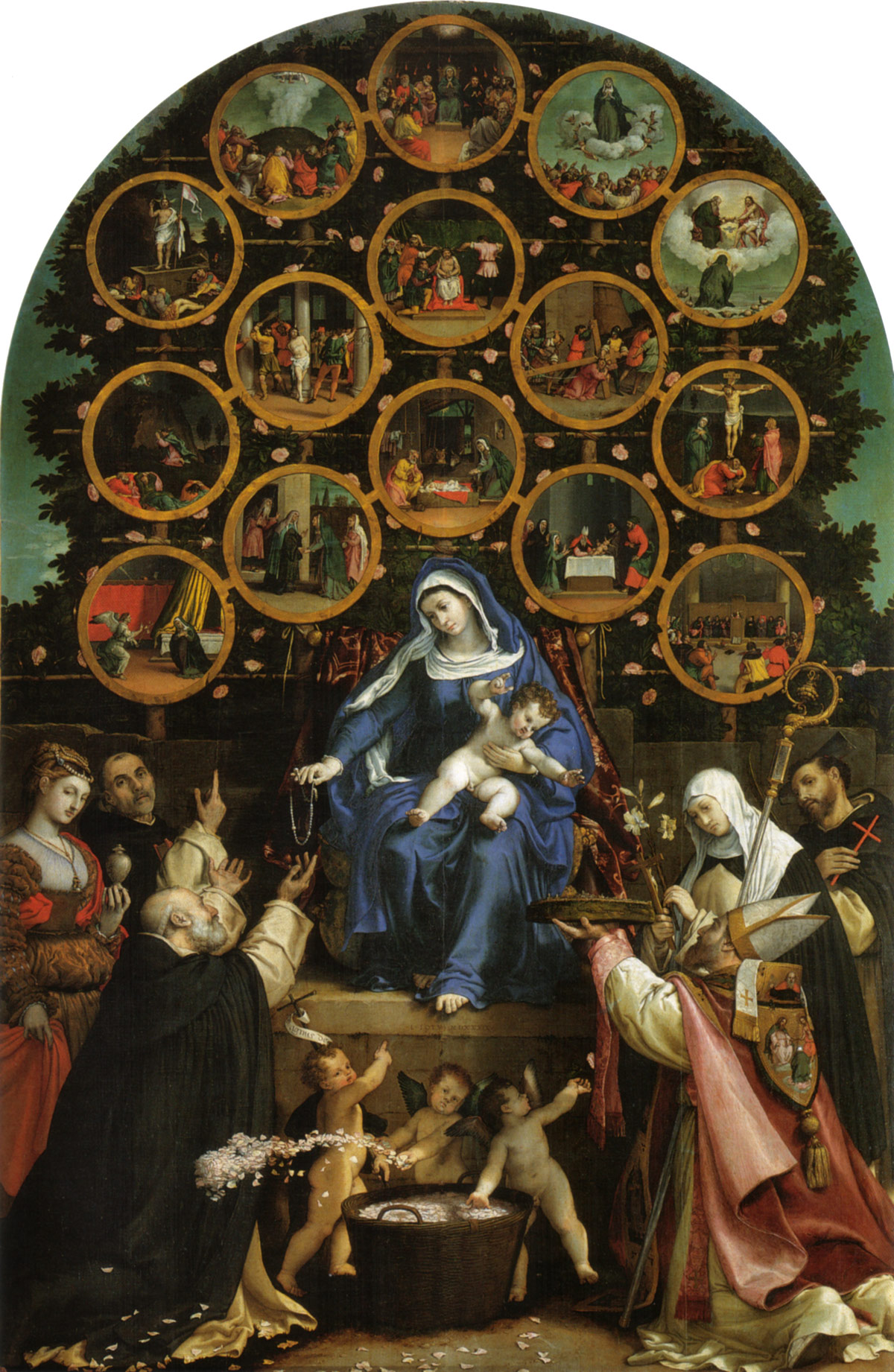 Lorenzo Lotto, Madonna del Rosario (1539; olio su tela, 384 x 264 cm; Cingoli, Palazzo Comunale)
