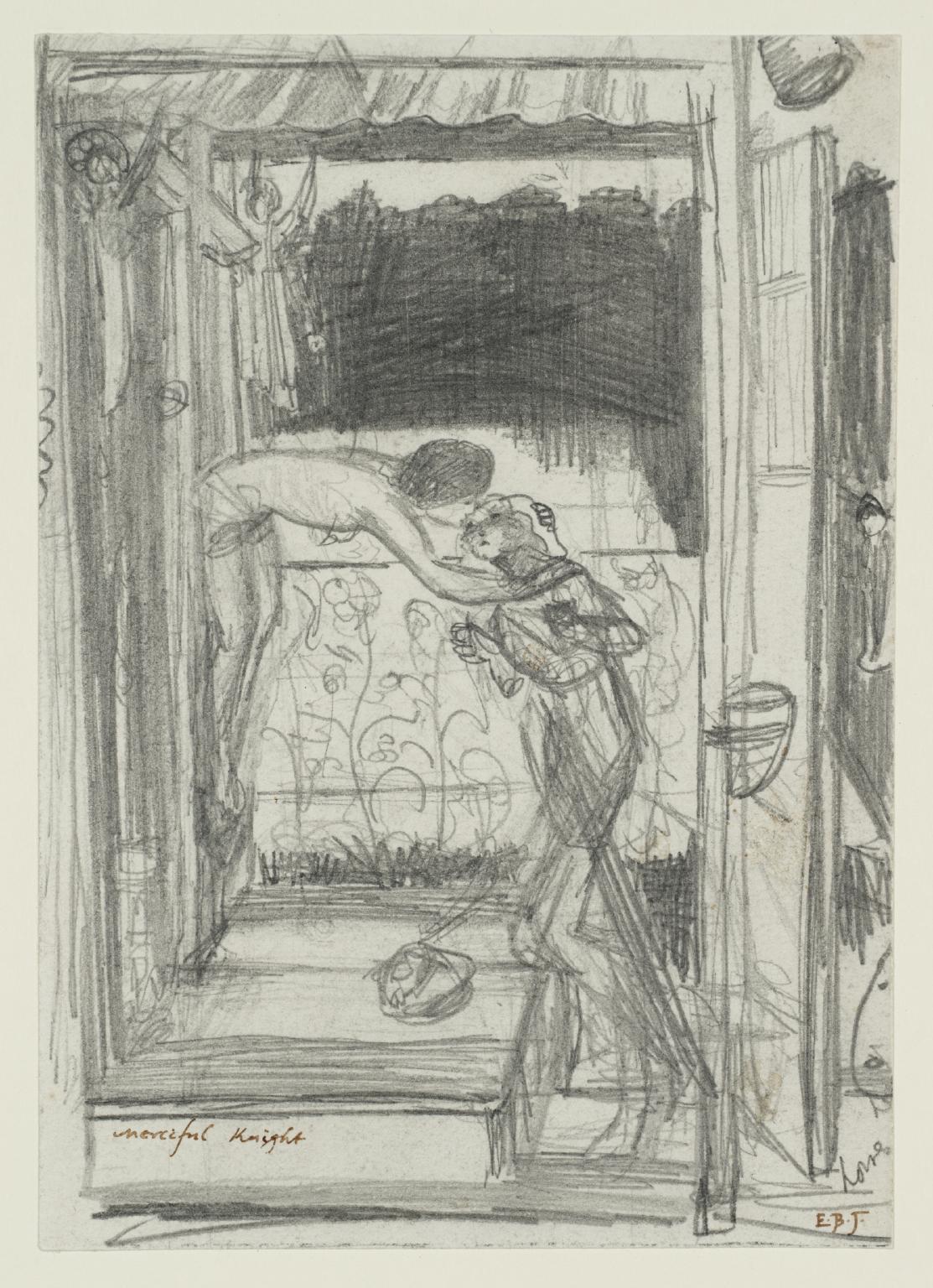 Edward Burne-Jones, Studio di composizione per Il cavaliere misericordioso (1863 circa; grafite su carta, 25,2 x 15,3 cm; Londra, Tate Britain)